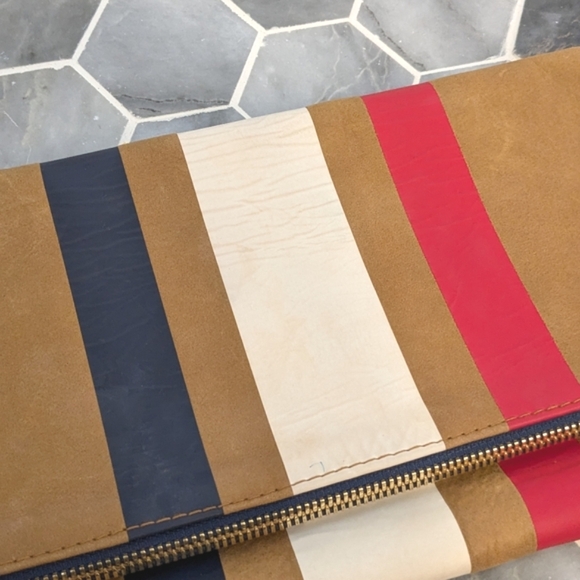 Clare V. The Foldover Clutch Camel Americana Stripe Leather Handbag - Picture 5 of 9